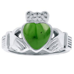 Jade Birthstone Heart Irish Claddagh Symbol Wedding Ring In White Gold