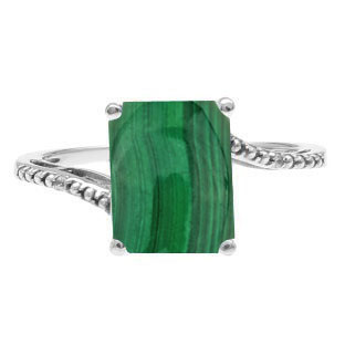 Emerald-Cut Malachite Birthstone Diamond Sterling Silver Ring by Gemologica