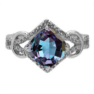 Cushion Cut Alexandrite Diamond Sterling Silver Ring By Gemologica