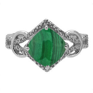 Cushion Cut Malachite Diamond Sterling Silver Ring By Gemologica