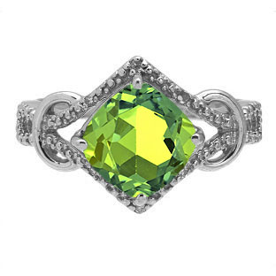 Cushion Cut Peridot Diamond Sterling Silver Ring By Gemologica