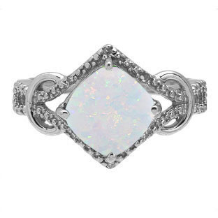 Cushion Cut Opal Diamond Sterling Silver Ring By Gemologica