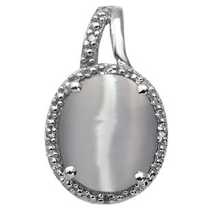 Large Oval Cut Grey Cats Eye Stone Diamond White Gold Pendant