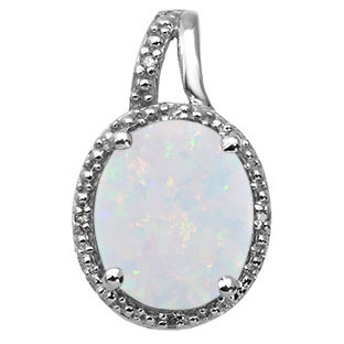 Large Oval Cut Opal Stone Diamond White Gold Pendant