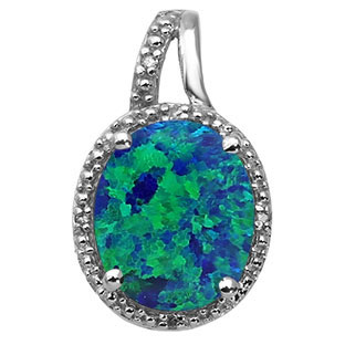 Large Oval Cut Australian Opal Stone Diamond White Gold Pendant