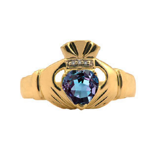 Yellow Gold Men's Alexandrite and Diamond Claddagh Ring