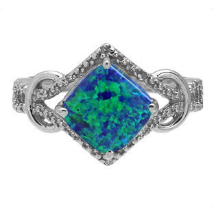 Cushion Cut Australian Opal Diamond Sterling Silver Ring By Gemologica