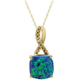 Yellow Gold Cushion-Cut Australian Opal Birthstone Diamond Pendant By Gemologica