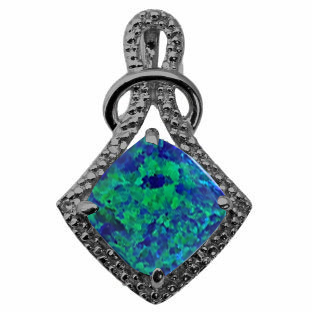 Cushion Cut Australian Opal Diamond Black Gold Pendant By Gemologica