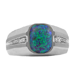 Australian Opal Rings - Men's Diamond Australian Opal Silver Ring Gemologica
