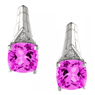 Diamond Cushion Cut Pink Sapphire June Birthstone White Gold Earrings