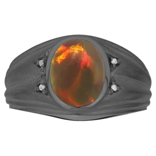 Oval Cut Black Opal Birthstone Diamond Men's Ring In Black Gold