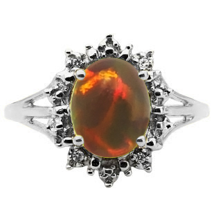 Diamond Oval Black Opal Gemstone White Gold Starburst Ring