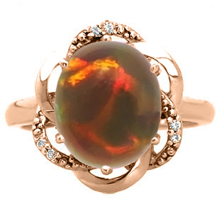 Bold Oval Cut Black Opal Gemstone Diamond Rose Gold Ring
