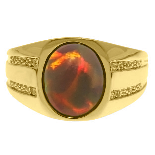 Oval-Cut Black Opal and Diamond Men's Ring In Yellow Gold