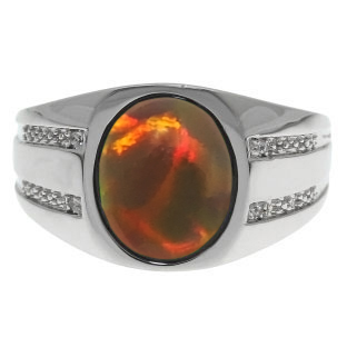 Oval-Cut Black Opal and Diamond Men's Ring In White Gold