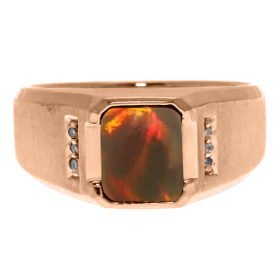 Diamond and Emerald Cut Black Opal Gemstone Men's Ring In Rose Gold