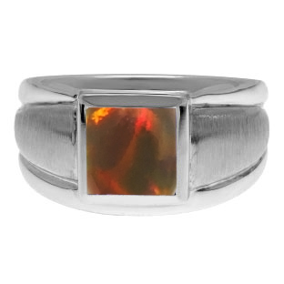 White Gold Men's Square Black Opal Ring