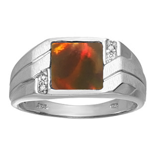 Men's Square Black Opal Diamond Ring In Silver