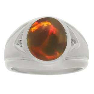 Black Opal Ring - Men's Diamond and Black Opal Silver Ring