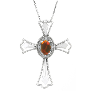 Diamond Oval Black Opal October Birthstone Cross Pendant In Silver