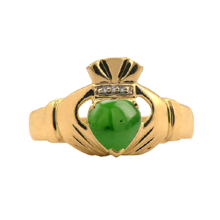Yellow Gold Men's Jade and Diamond Claddagh Ring
