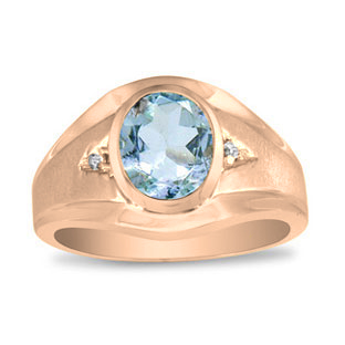 Men's Oval Aquamarine Diamond Dual Finish Rose Gold Ring