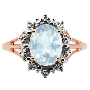 Diamond Oval Aquamarine Gemstone Rose Gold Starburst Ring