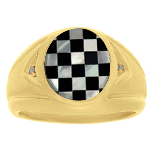 Pearl Onyx Rings - Men's Mother Of Pearl Black Onyx Yellow Gold Diamond Ring