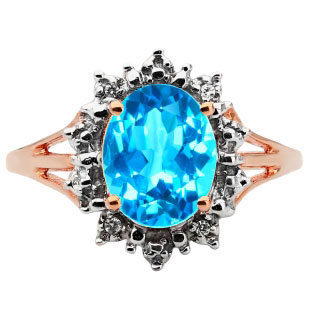 Diamond Oval Blue Topaz Gemstone Rose Gold Starburst Ring