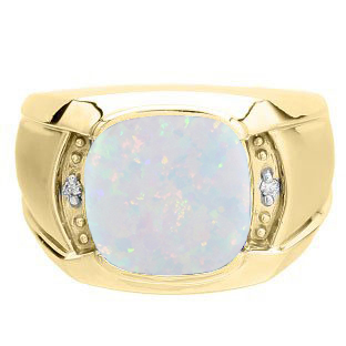 Big Men's Diamond Cushion Cut Opal Yellow Gold Ring By Gemologica