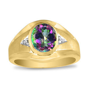Men's Oval Mystic Topaz Diamond Dual Finish Yellow Gold Ring