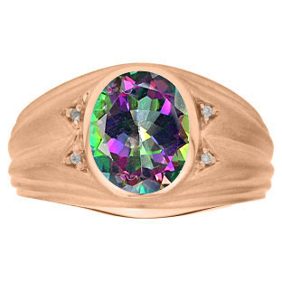 Oval Cut Mystic Fire Topaz Birthstone Diamond Men's Ring In Rose Gold
