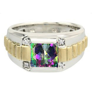 Men's Square Mystic Topaz Diamond Two Tone 14K Gold Silver Ring