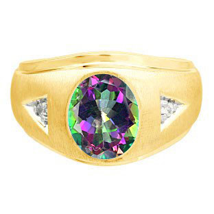 Diamond and Oval Mystic Topaz  Gemstone Men's Yellow Gold Ring