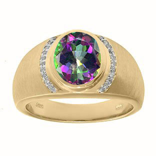 Men's Oval-Cut Mystic Fire Topaz and Diamond Ring In Yellow Gold