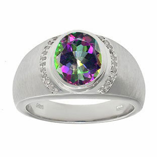 Men's Oval-Cut Mystic Fire Topaz and Diamond Ring In White Gold