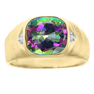 Men's Diamond Antique Cut Mystic Topaz Ring In Yellow Gold