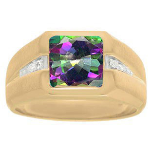 Diamond and Yellow Gold Men's Square Cut Mystic Topaz Ring