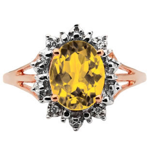 Diamond Oval Citrine Gemstone Rose Gold Starburst Ring