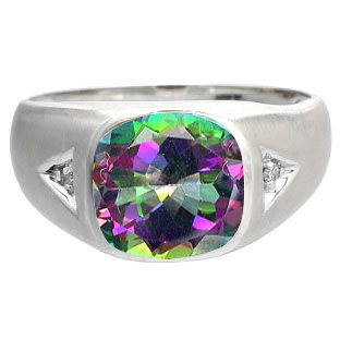 Antique Cushion Cut Mystic Topaz Gemstone Diamond Men's White Gold Ring