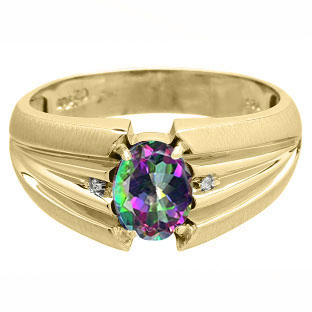 Oval Cut Mystic Fire Topaz Stone Diamond Men's Gold Ring