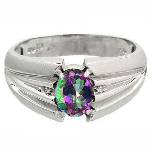 Oval Cut Mystic Fire Topaz Stone Diamond Men's White Gold Ring