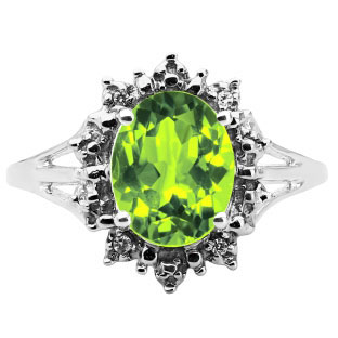 Diamond Oval Peridot Gemstone White Gold Starburst Ring