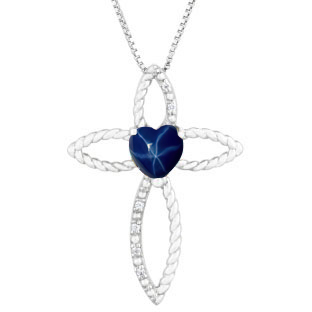 Diamond Blue Star Sapphire Heart Cross Pendant In White Gold