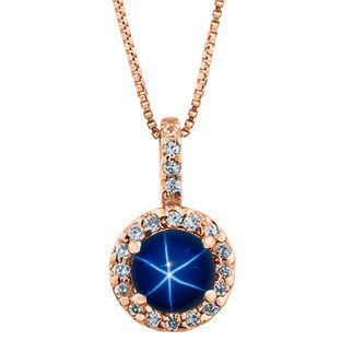 Halo Jewelry - Blue Star Sapphire Diamond Halo Pendant In Rose Gold Gemologica