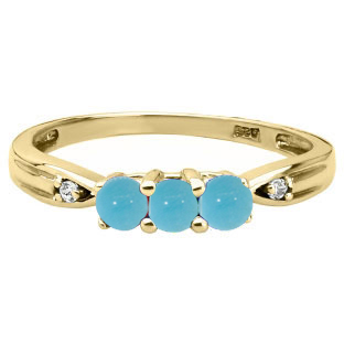 3 Stone Round Cut Turquoise Gemstone Diamond Yellow Gold Ring