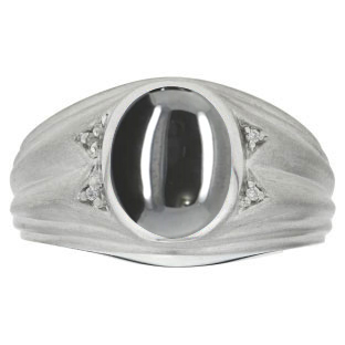 Oval Cut Hematite Birthstone Diamond Men's Ring In White Gold