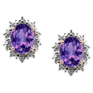 Diamond Oval Amethyst Gemstone Rose Gold Starburst Earrings