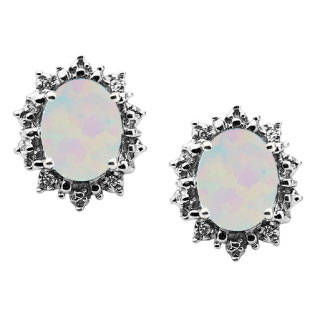 Diamond Oval Opal Gemstone White Gold Starburst Earrings